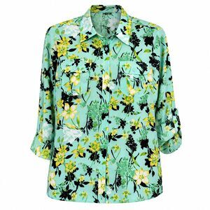 Elementz Women's Floral Button Front Blouse Mint Green Roll Tab Shirt size L